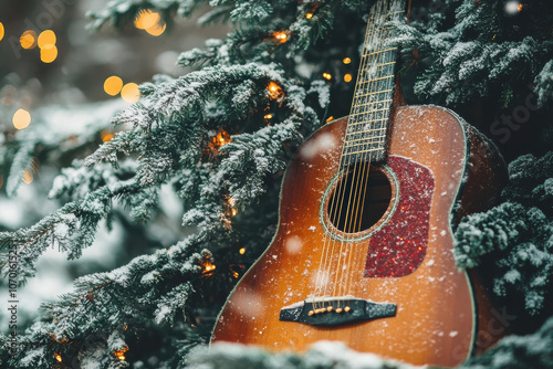 rustic acoustic guitar rests against snow covered pine tree with twinkling lights, evoking sense of cozy winter peace