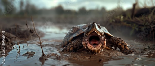 A snapping turtle, mouth agape and claws in mud, emerges from a murky wetland environment, embodying primal survival instincts.