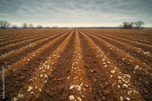 Plowed farmland at dusk: rich soil and symmetrical furrows under overcast sky