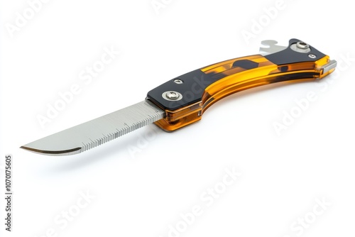 A yellow and black pocket knife with a sharp blade.