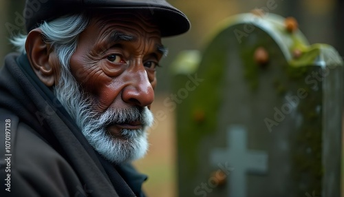 Black widower man visiting a grave in a graveyard