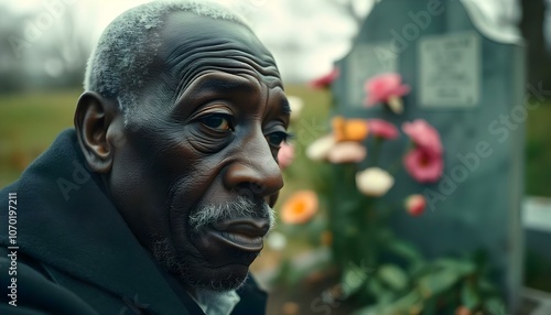 Black widower man visiting a grave in a graveyard