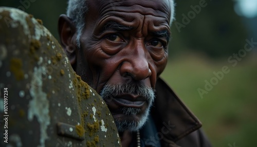 Black widower man visiting a grave in a graveyard