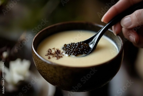 On a white background, an illustration of a bowl with a spoon stirring batter focuses on shapes and motion in a minimalist style