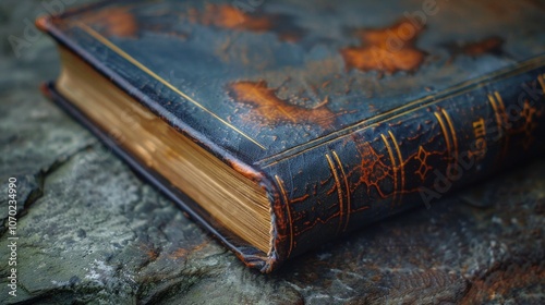 Old book with yellowed pages, gold edging, and a world map cover lies on a marble surface. The aged look creates a nostalgic, artistic ambiance.