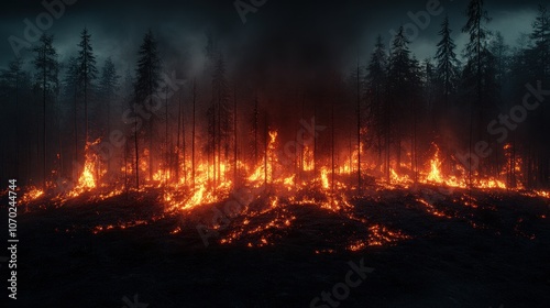 A raging wildfire consumes a forest at night, casting an eerie glow against the dark sky. The flames lick at the tall trees, threatening to engulf everything in their path.