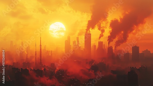 2 Greenhouse gases trapping heat over an urban skyline, smogfilled air, lowangle shot, muted sunlight, orange haze, intense atmospheric heat, deep shadows