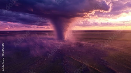 Aerial view of a large tornado dissipating in a field at dusk, with the fading funnel cloud and purple storm clouds in the background.