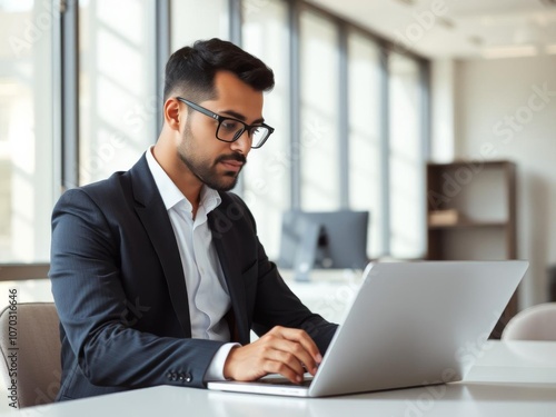 A young professional in business attire diligently works on his laptop in a modern bright coworking office space filled with natural light, business attire, natural light