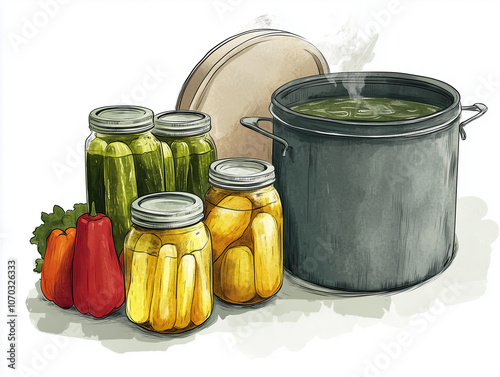 Pot with boiling water beside canning jars filled with pickles and vegetables