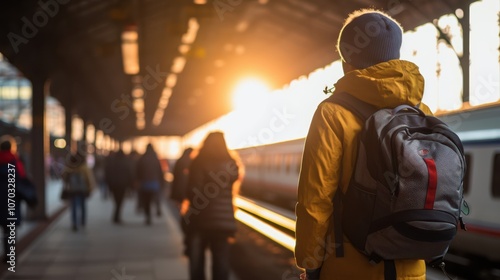 A young traveler with a backpack glances back as they walk along a sunlit train platform, symbolizing the start of an adventure.