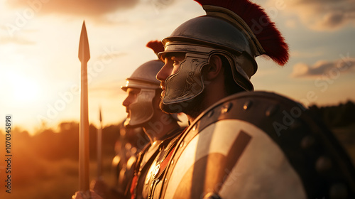 Two Roman legionnaires preparing for battle, their iconic helmets and shields reflecting the midday sun. Strong and uniform soldiers captured in a clean, organized formation.