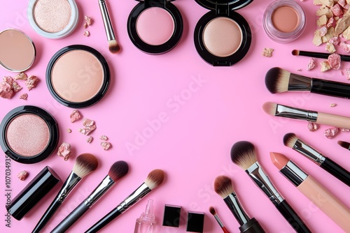 professional makeup tools. Makeup products on a colored background top view. A set of various products for makeup. , isolated on white background, , copy space for text,