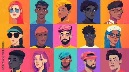 A grid of twelve diverse face placeholders representing avatars for social media profiles. 