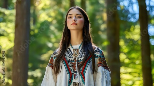 Young Woman in Traditional Clothing Standing in a Forest