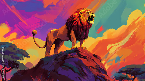 A majestic lion roars atop a rock outcropping in the savanna, with a colorful abstract background in the fauvism style. fauvism. illustration. Majestic. Illustration