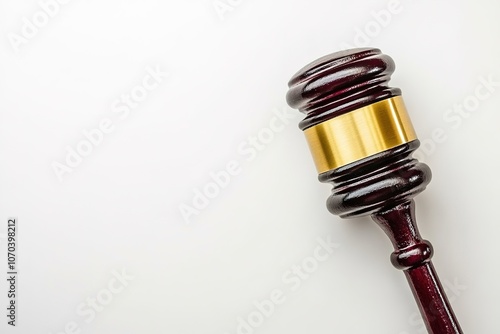 Elegant wooden judge's gavel on white background.