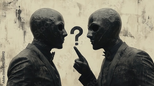 two men with black masks, and a question mark on mask pointing each other