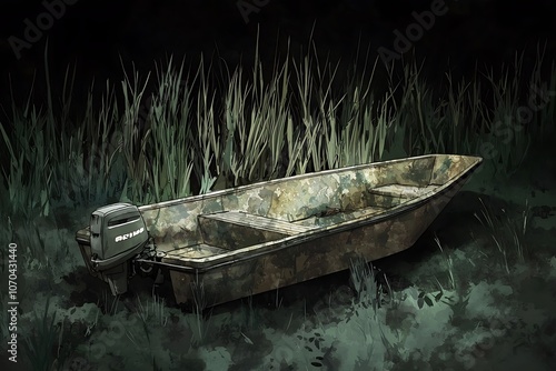 Camouflaged Jon Boat in the Reeds.