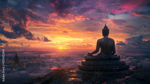 Majestic figure of a venerated arahant in deep meditation, set against a backdrop of a vibrant sunset on a sacred Buddhist festival