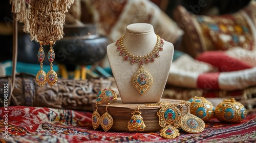 Emirati jewelry displayed in cultural setting. Copy space