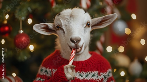 49. A playful goat with a holiday sweater, happily munching on a candy cane beside a decorated tree