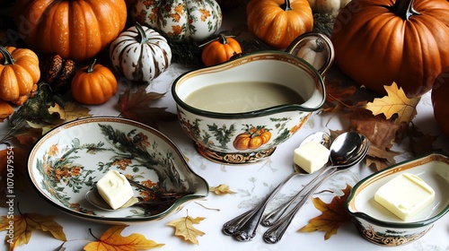 Festive Thanksgiving table with autumnthemed crockery featuring serving spoons gravy boats and butter pats surrounded by pumpkins and leaves