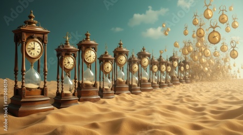 A surreal image symbolizing entropy with clocks and sand - on the left, a series of antique clocks, on the right, sand flowing unpredictably.