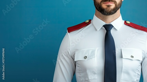 A man in a military-style uniform with a tie and epaulettes stands confidently against a blue background.