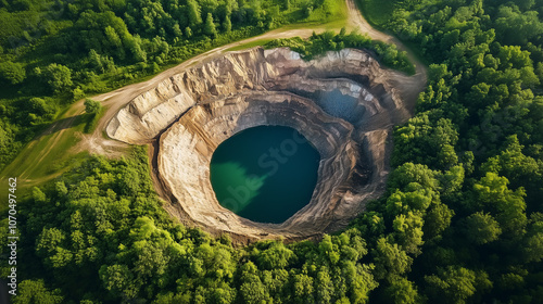 Odkrywkowa kopalnia otoczona bujną zielenią. Rozległe wyrobisko ukazuje ogromną skalę wydobycia minerałów, kontrastując z pięknem otaczającej natury.