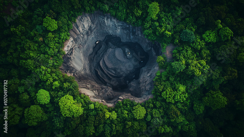 Odkrywkowa kopalnia otoczona bujną zielenią. Rozległe wyrobisko ukazuje ogromną skalę wydobycia minerałów, kontrastując z pięknem otaczającej natury.