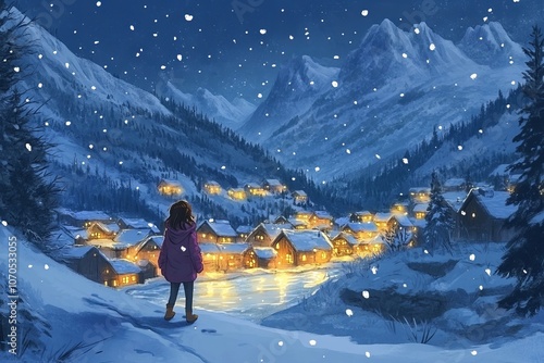 a snow-covered village beneath mountains, a young girl stands at the edge of a frozen river