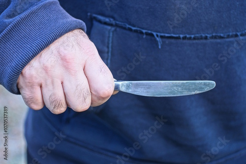 one man in blue clothes holds a gray knife in his hand on a summer street