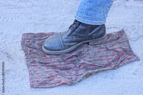 a leg in a black leather boot and blue jeans stands on a dirty piece of cloth on the gray ground on a summer street