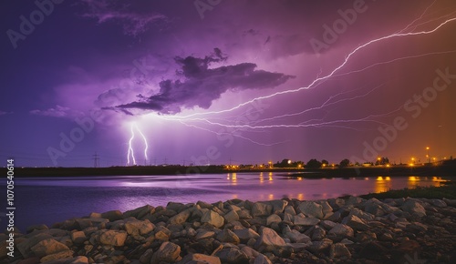 A breathtaking scene of a lightning storm over a body of water