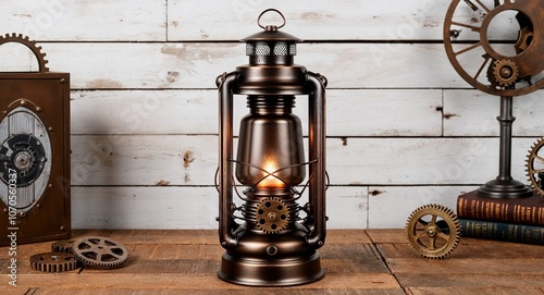 Steampunk lantern with gears and bronze finish for sci fi aesthetics