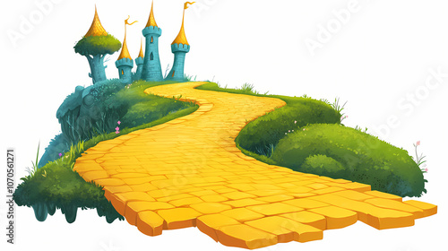 Enchanted yellow brick road leading to magical emerald city in springtime , fantasy, oz, magicians isolated on white background, space for captions, png. Enchanted. Illustration