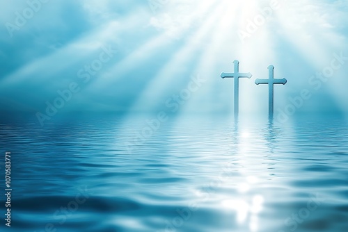 Two crosses standing in calm water with heavenly light beams shining down from above, symbolizing peace, faith, and spirituality in a serene and ethereal atmosphere