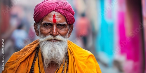 A man with a red turban and a painted forehead in an urban background with brightly painted walls and street life.