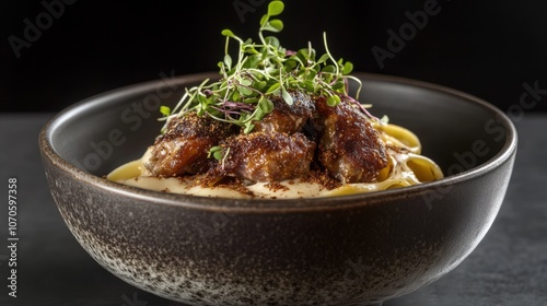 A bowl of al dente linguine pasta with crispy fried chicken liver pieces, garnished with microgreens, with a dark background for contrast 