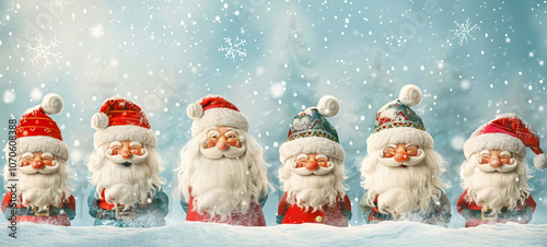 Six Cheerful Santa Clauses with White Beards Wearing Festive Hats in a Snowy Winter Wonderland Scene. Concept of Holiday Spirit, Christmas Cheer and Winter Festivity. Copy space