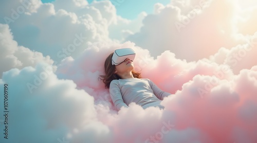 Woman lying on pink clouds, wearing VR headset and experiencing a virtual dream-like environment. Concept of virtual escapism and technology. Design for wallpaper, banner, poster.