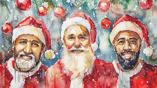 Three diverse Santa Clauses in watercolor style, wearing red Santa hats, surrounded by festive Christmas ornaments and snow. Concept of multicultural Christmas, holiday spirit, unity in celebration