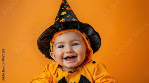 Joyful young child in a pumpkin outfit for a Halloween festivity