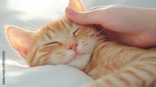 Joyful interaction, a female hand gently caresses a sleepy orange cat, showcasing warmth and affection in a cozy, inviting space.