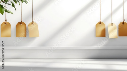 Product shelf mockup with blank tags, perfect for prices, business graphic space, online retail