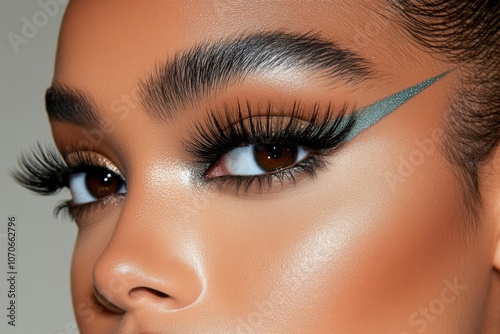 Detailed image of a modelâ€™s eyes with perfectly applied eyeshadow, eyeliner, and defined lashes