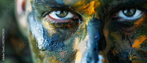 Close-up portrait of a person with multicolored paint around their eyes, blue almond-shaped eyes, and vibrant orange and yellow face paint creating a colorful visual impact.