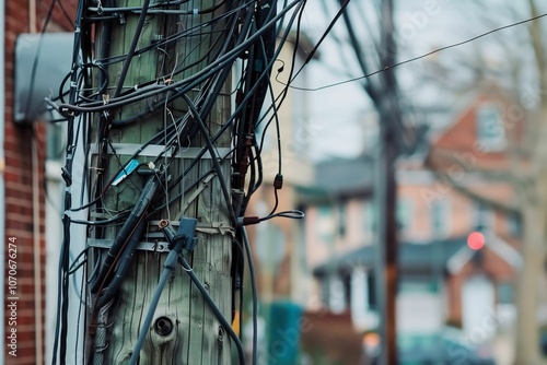 Chaotic Wires on Utility Pole in Urban Setting