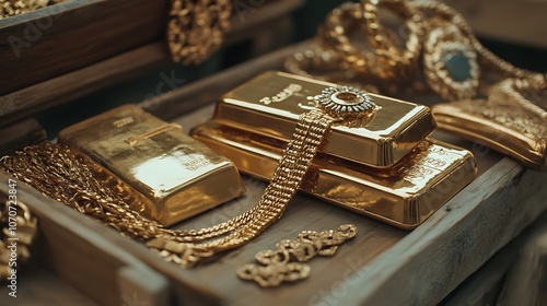 Gold bars and intricate jewelry displayed on a wooden table, capturing the allure of luxury in a refined setting